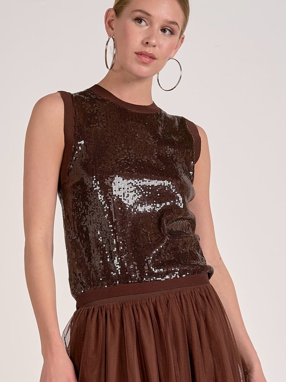 NWT Elan Brown Sequin Sleeveless Knit Tank Size Small